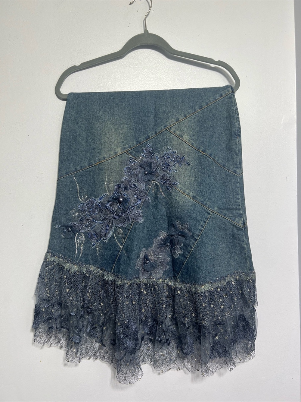 Y2K Beaded Denim Midi Skirt w/Lace Ruffle & Floral Embroidery Boho Whimsy - Picture 14 of 14